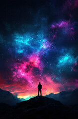 A man stands on a mountain top, looking out at the stars