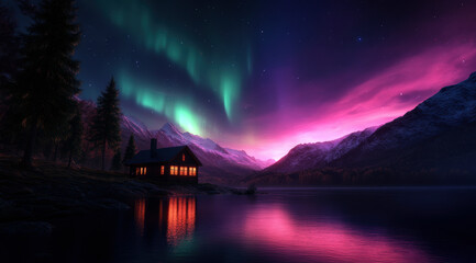 Obraz premium A house is in the foreground of a beautiful, serene landscape