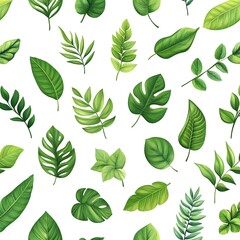 Seamless Pattern with Vibrant and Fresh Assortment of Diverse Leaves on White Background