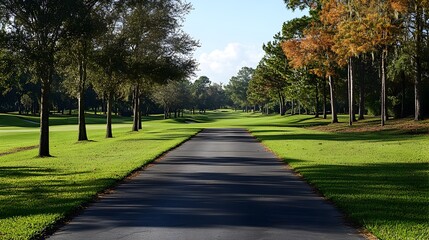 Paved Golf Cart Path Leads Through Scenic Fairway Landscape