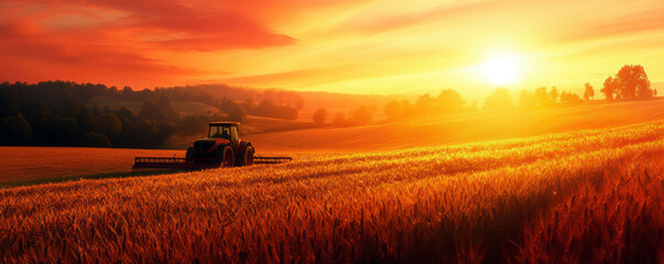 Fototapeta premium A tractor is driving through a field of tall golden wheat