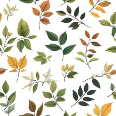 Seamless pattern with vibrant fresh leaves in various natural shapes and hues on white background