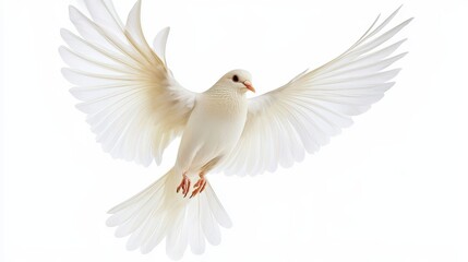 White Dove Flying with Spread Wings Isolated on White Background