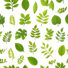 Seamless Natural Foliage Pattern With Various Fresh Green Leaves on White Background