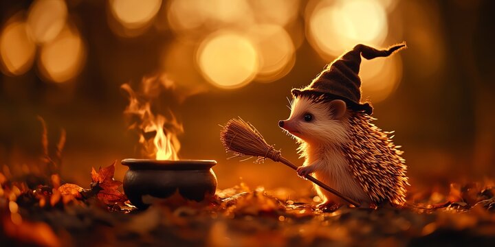 Hedgehog in a witch costume with a tiny broomstick, standing by a cauldron, witch hedgehog, adorable Halloween critter