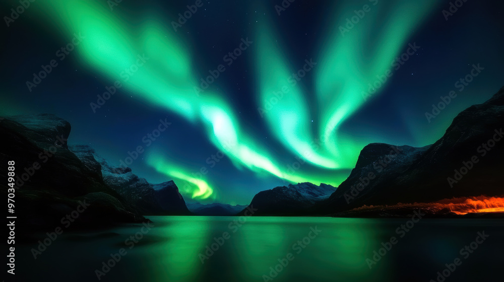 Wall mural The sky is filled with green auroras and the water is calm