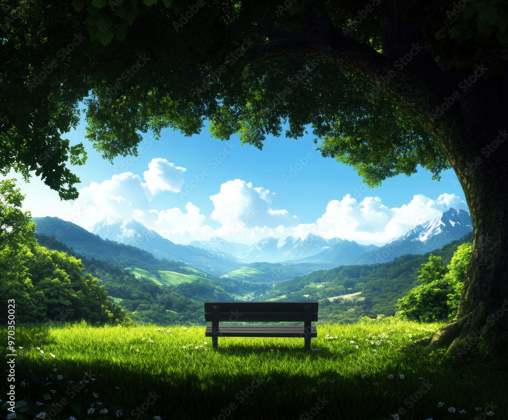 Poster a bench is sitting in a grassy field with a tree in the background