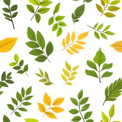 Vibrant seamless pattern with fresh green and yellow leaves on a white background