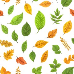 Vibrant Seamless Pattern of Various Fresh Autumn Leaves on Pristine White Background