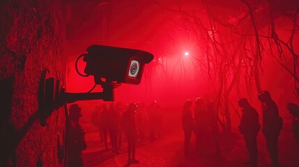 Surveillance Camera in Red Fog with Silhouettes of People