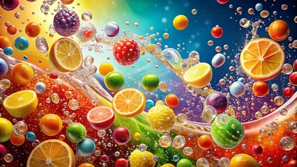 Colorful concoctions of citrus, cola, and cream burst forth in a whimsical brew of animated bubbles and splashes,