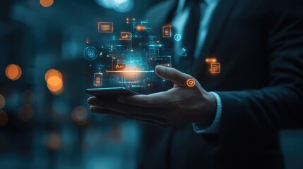 Fototapeta premium A businessman holds a smartphone with glowing digital icons emerging from it, representing the concept of digital transformation, technology, and innovation.