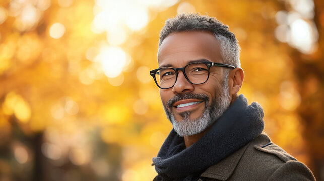 middle aged black man gray beard wearing a glasses wool scarf coat smiling outdoors during autumn surrounded by orange red fall leaves seasonal clothing mustard nature