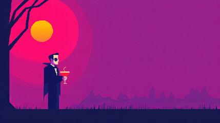 A minimalist pixel art depiction of vampire enjoying colorful punch against vibrant sunset backdrop. scene evokes playful yet mysterious atmosphere