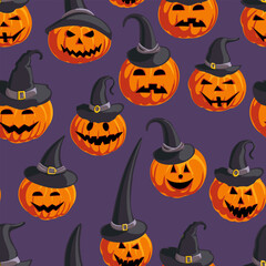 vector drawing seamless pattern with orange pumpkins with witch hats, jack-o-lanterns, halloween background, hand drawn illustration