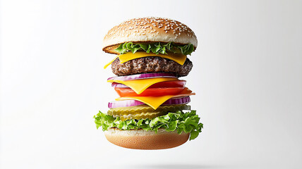 A perfectly crafted cheeseburger floating mid-air, with all its layers visible in crisp detail. The sesame seed bun, fresh lettuce, juicy tomato slices, red onion rings, melted cheddar cheese.