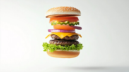 A perfectly crafted cheeseburger floating mid-air, with all its layers visible in crisp detail. The sesame seed bun, fresh lettuce, juicy tomato slices, red onion rings, melted cheddar cheese.