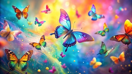 Dainty, iridescent butterflies flutter and twirl in a kaleidoscope of colors against a subtly hued, dreamy backdrop,