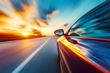 Obraz premium A dynamic view of a car speeding along a road at sunset, showcasing motion and freedom.