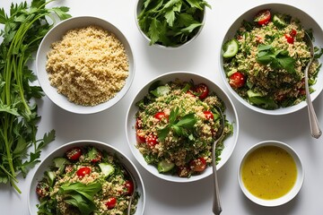 Tabouli Salad with Fresh Herbs and Bulgur on Clean White Background