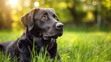 A black dog lying on green grass, gazing thoughtfully, illuminated by soft sunlight in a serene outdoor setting.