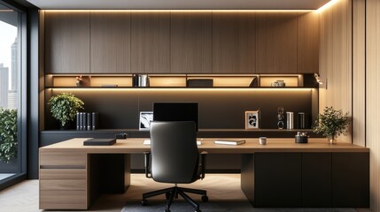 A sleek home office with a minimalist wooden desk, ergonomic chair, and built-in wooden shelves