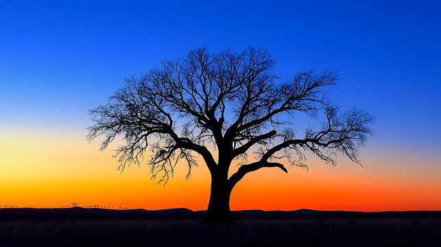 The striking silhouette of a boab tree with its thick trunk and bare branches in the barren Australian landscape at sunset 