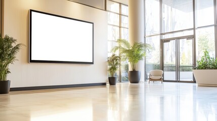 Blank Digital Signage in Modern Lobby with Plants and Chair