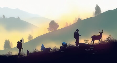 Fototapeta premium A serene silhouette of hikers and a deer in a misty mountain landscape at dawn.