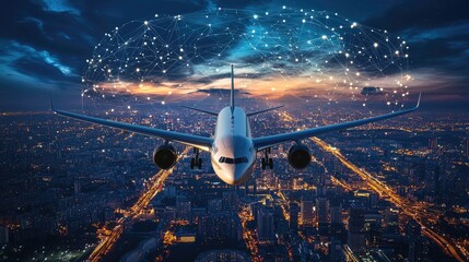 Obraz premium Airplane flying over a cityscape at night with a network of connected dots above.