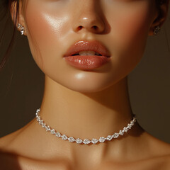 Close up on woman's lips. With diamonds jewelry.