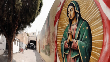 Fototapeta premium A large mural depicting the Virgin Mary graces a wall in a narrow alley
