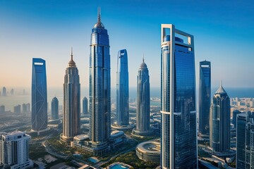 Obraz premium Cutting Edge Skyscrapers in a Technology Driven City with Stunning Views Against a Clear Blue Sky