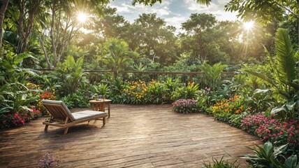 Obraz premium Beautiful tropical garden wooden deck deck is surrounded Relax i