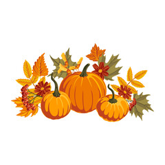 vector drawing orange pumpkin with flowers and leaves, thanksgiving day composition isolated at white background, hand drawn illustration