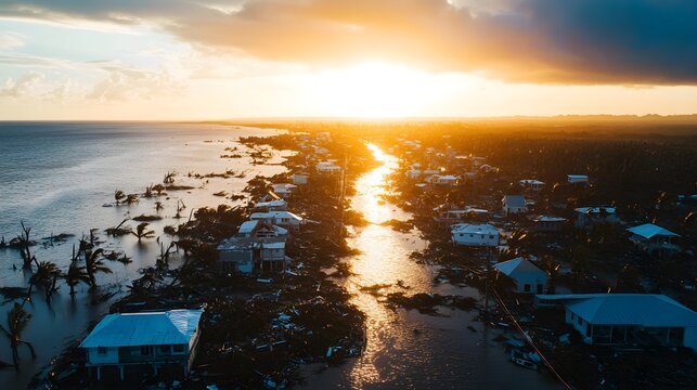 Overhead shot of a coastal town devastated by a hurricane, with collapsed houses, uprooted trees, and flooded streets, highlighting the power of nature's fury