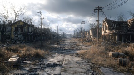 Fototapeta premium Post-apocalyptic suburbia, once lively, now desolate and in ruins, cracked roads, fallen power lines, and homes crumbling into the earth