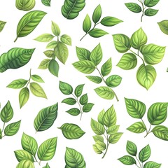 Seamless Pattern of Diverse Fresh Green Leaves on White Background