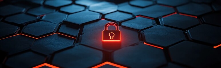 Cybersecurity: Digital Lock Icon on a Hexagon Pattern