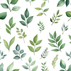 Seamless Pattern with Various Fresh and Natural Leaves on White Background