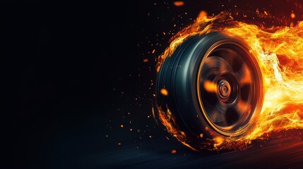 illustration of a car tire rolling fast and catching fire with copy space on a black background for wallpaper advertising poster banner design