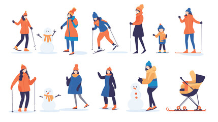Set of various people having fun at winter. Flat vector illustrations of family making snowman, woman skiing, standing with pram. Winter leisure concept for banner,