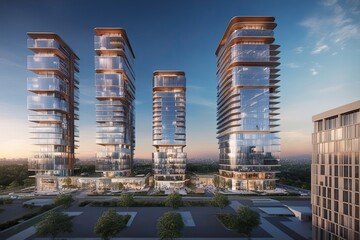 Sustainable City Visionary Towers Innovative Commercial Zone with Reflective Design