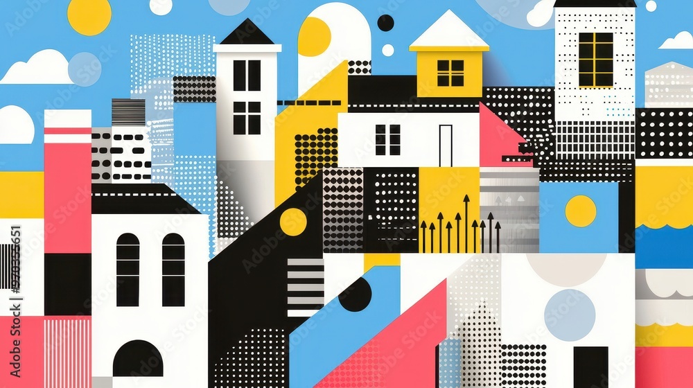 Poster abstract cityscape with geometric shapes and patterns