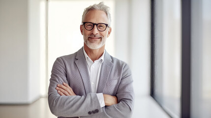 Fototapeta premium Portrait of a businessman wearing a casual suit with grey hair and a beard.