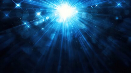 Abstract Blue Light Beams Background with Glowing Stars and Bokeh