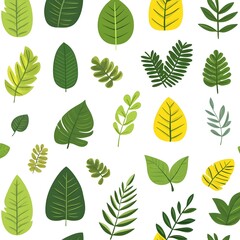 Seamless Pattern of Fresh and Natural Leaves on White Background