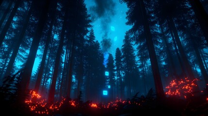 Sci-fi forest disaster, homes engulfed by fallen trees, holographic warning signs floating, futuristic, glowing blue hues, 3D render, wide-angle shot