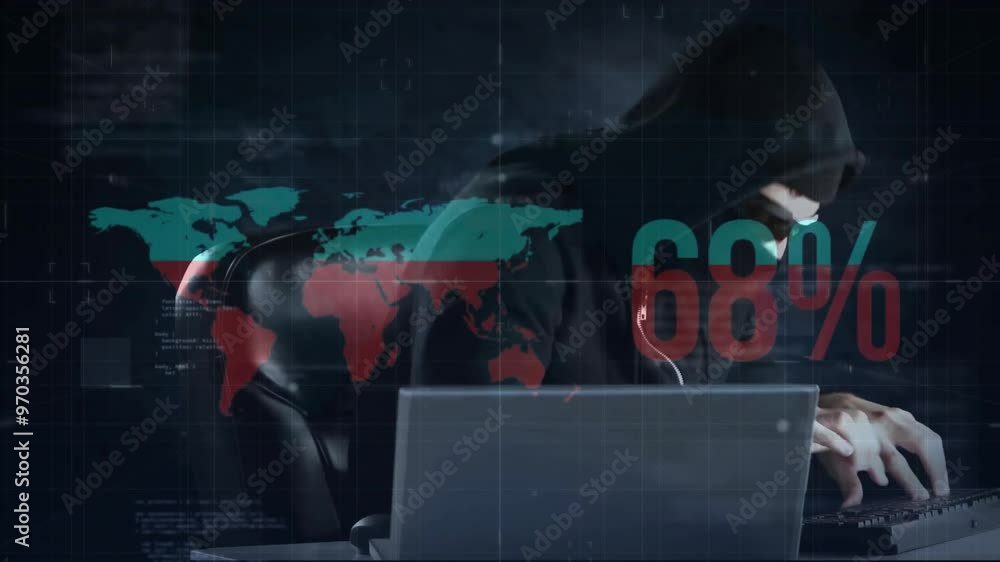 Poster animation of data processing and world map over caucasian male hacker using laptop