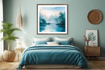 Serene Bedroom Wall Art Mockup with Cozy Frame and Tranquil Scenery Background